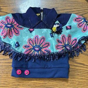 Vintage Baby Navy Blue Floral Fringe Poncho Top with Pink Flower Accents